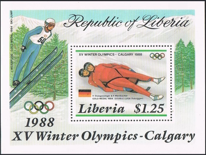 Liberia 1987 Winter Olympics 1984 Gold Medal Winners Souvenir Sheet Liberia 1987 Winter Olympics 1984 Gold Medal Winners Souvenir Sheet
